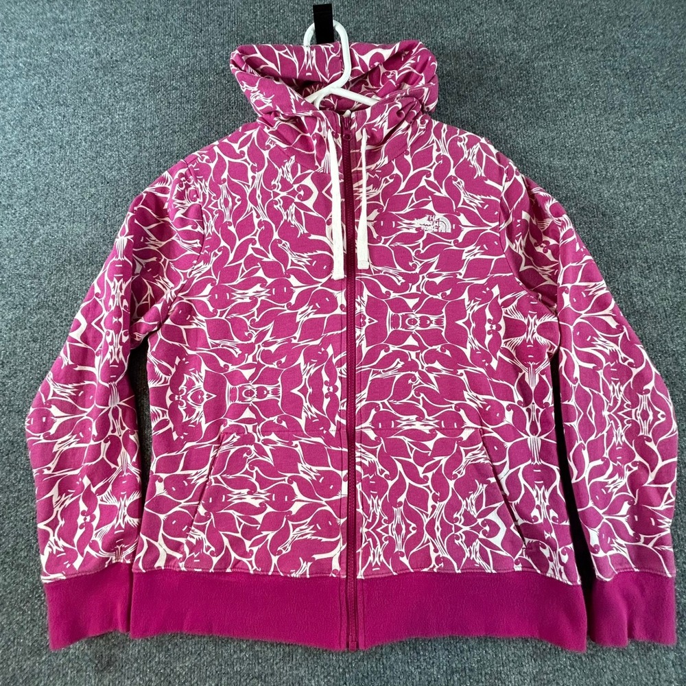 The North Face Womens Pink White Patterned Full Zip Hoodie Jacket Size Large